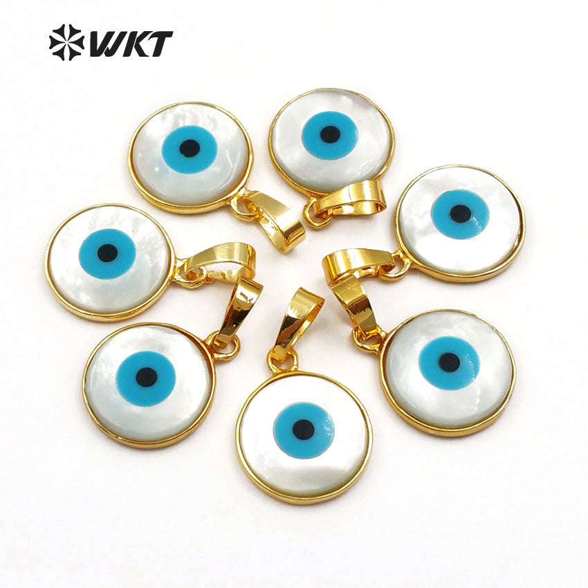 WT-P628 Wholesale Natural Shell Round Eye Pendant, 24k Gold Plated Bezel Eye Pendant