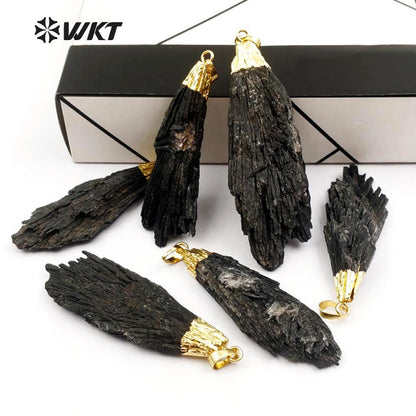 WT-P790 Latest Natural Raw Black Kyanite Pendant with Gold Plated on Top