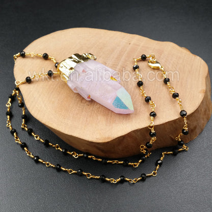 WT-N893 Hot Sale Healing Angel Aura Spirit Quartz Jewelry in 24k Real Gold Plated with Black Beads Rosary Chain Pendant Necklace