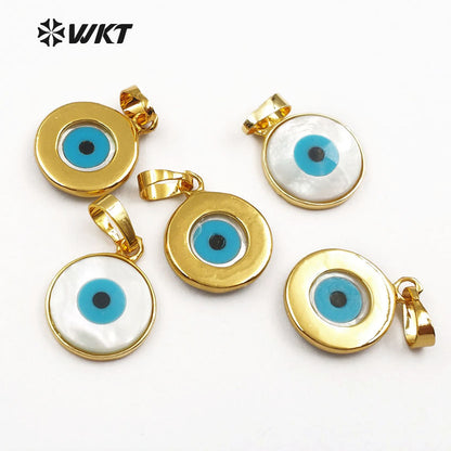 WT-P628 Wholesale Natural Shell Round Eye Pendant, 24k Gold Plated Bezel Eye Pendant