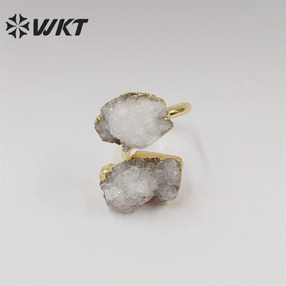 WT-R461 WKT New Material 18k Real Gold Plated Natural White Druzy Quartz Ring Women Fashion Trendy Energy Geode Agate Stone Ring