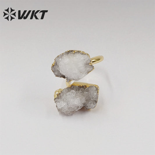 WT-R461 WKT New Material 18k Real Gold Plated Natural White Druzy Quartz Ring Women Fashion Trendy Energy Geode Agate Stone Ring