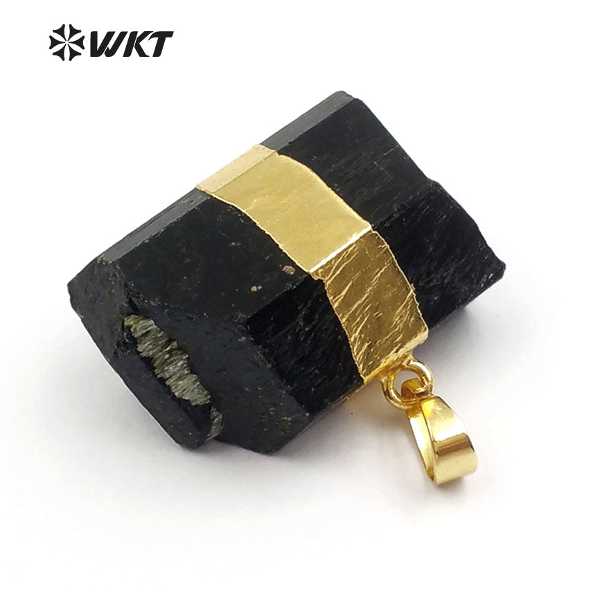 WT-P315 NEW!Raw Black Tourmaline Pendant with 18k Gold Electroplated Elegant Women and Bail