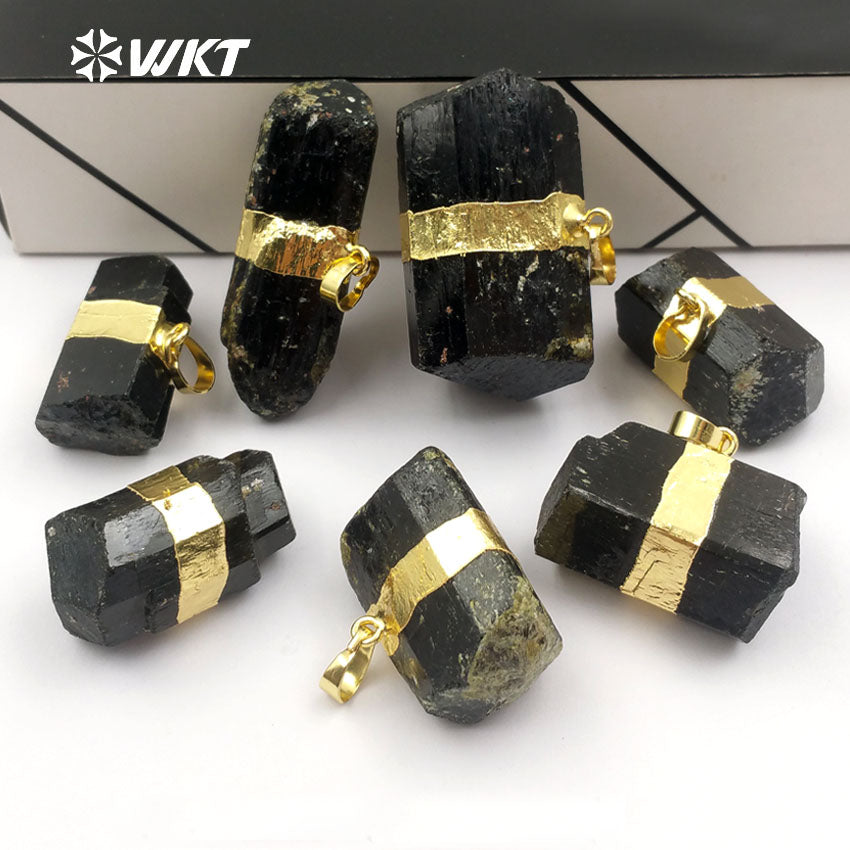 WT-P315 NEW!Raw Black Tourmaline Pendant with 18k Gold Electroplated Elegant Women and Bail