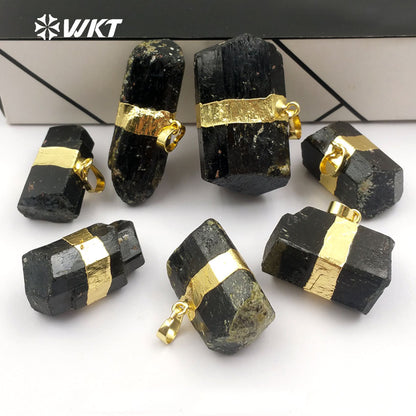 WT-P315 NEW!Raw Black Tourmaline Pendant with 18k Gold Electroplated Elegant Women and Bail