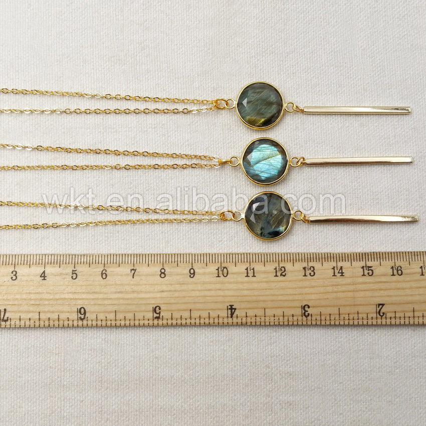 WT-N918 Wholesale Fashion Labradorite With Long Gold Bar Necklace Amazing Design 24K Real Gold Plated Labradorite Necklace