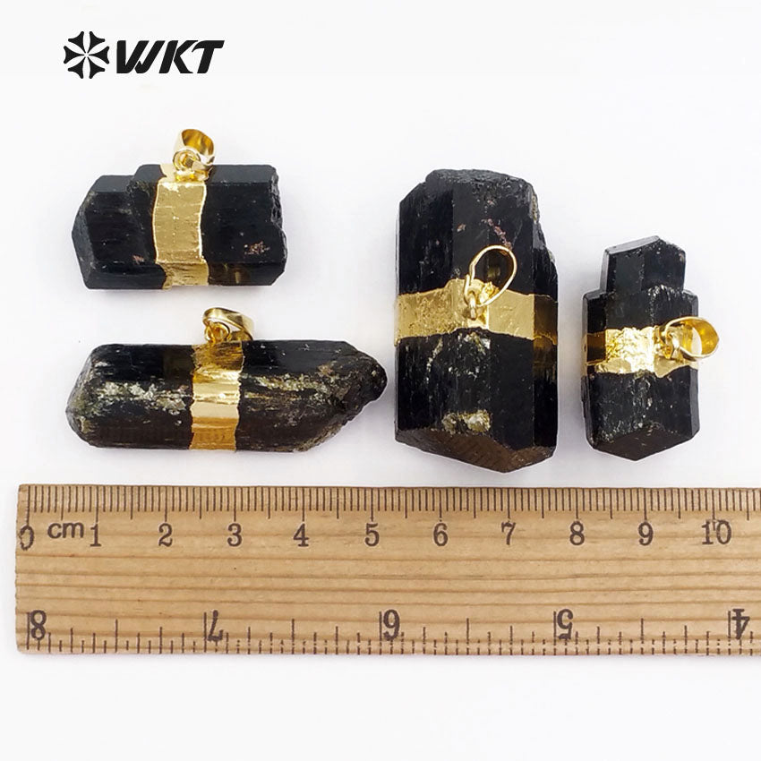 WT-P315 NEW!Raw Black Tourmaline Pendant with 18k Gold Electroplated Elegant Women and Bail