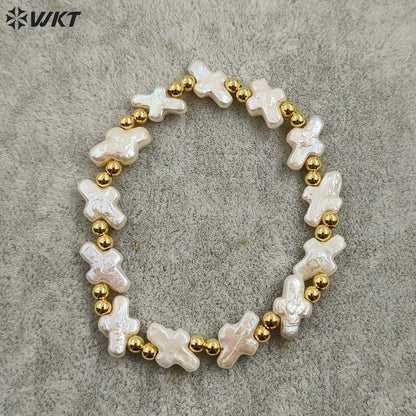 MPB101 Wholesale Handmade White Natural Freshwater Pearl Cross Flexible Beads Bracelets Women Birthday Gift