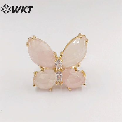 WT-R463 Wholesale Newest Handmade Design Ins Popular Stone Ring Natural Rose Quartz butterfly Ring for Girl Daily Party Ring