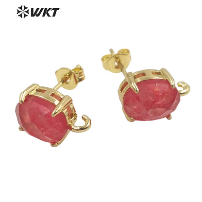 WT-E678 Women New Fashion Jewelry Findings Earrings Studs 18k Real Gold Plated Claw Setting Gemstone Studs with Hoop