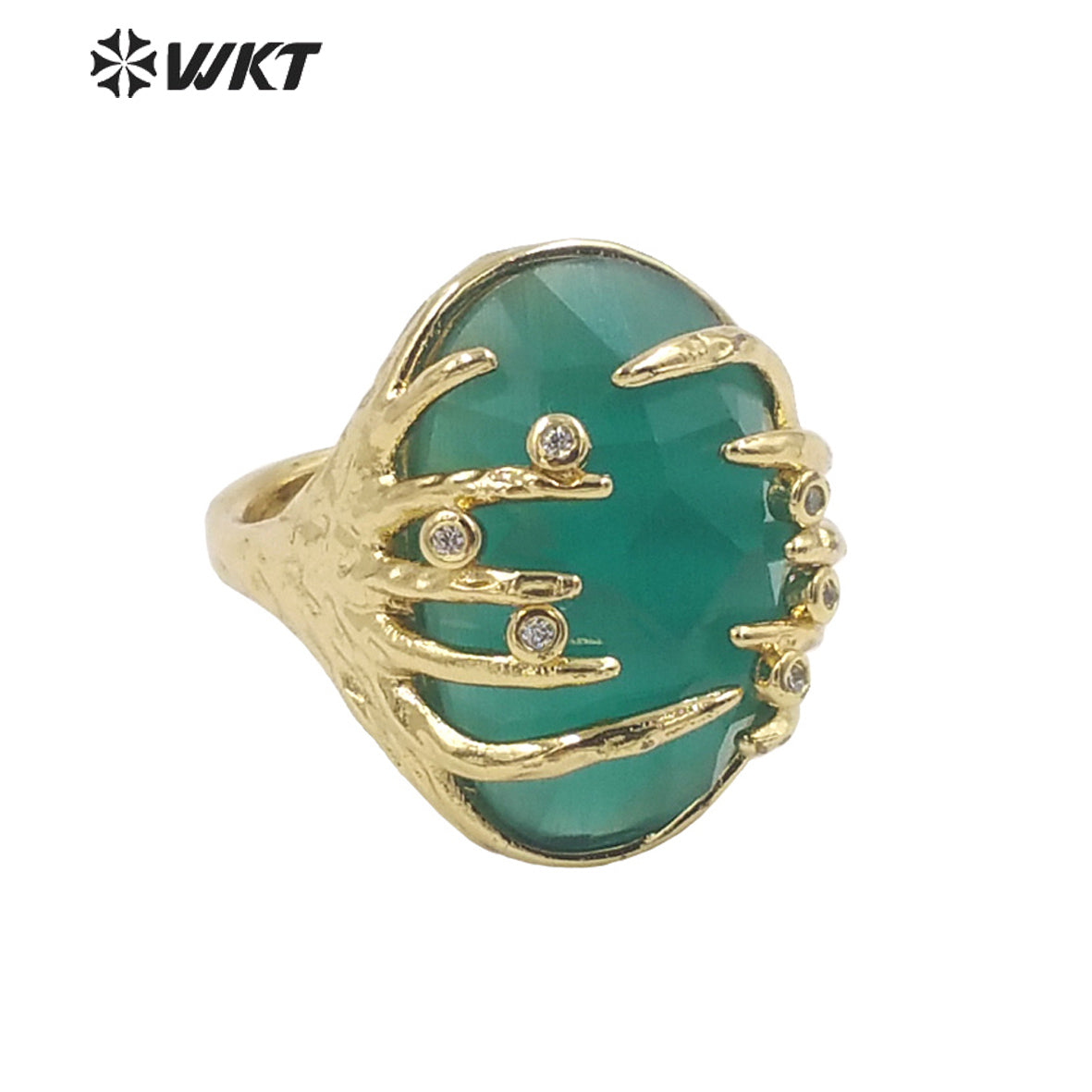 WT-R453 Wholesale Fashion Gold Bezel Claw Setting Oval Stone Ring Women Unique Trendy Cat Eye Stone Made Jewelry Party Ring