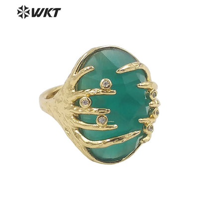 WT-R453 Wholesale Fashion Gold Bezel Claw Setting Oval Stone Ring Women Unique Trendy Cat Eye Stone Made Jewelry Party Ring