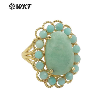 WT-R460 Wholesale Newest Gorgeous Women Oval Natural Amazonite Wedding Ring Faceted Stone Beads Anniversary Ring in Gold