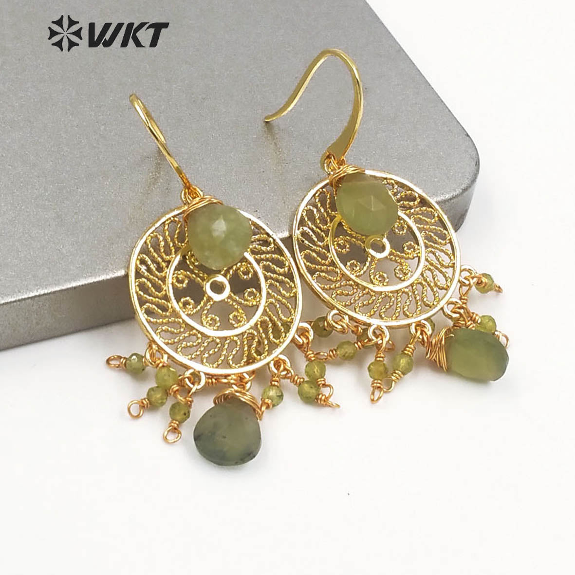 WT-E695 Bohemia Fashion Gold Gypsy Earrings with Natural Gemstone Made Dangle Earrings Handmade DIY Stone Hoop Earrings