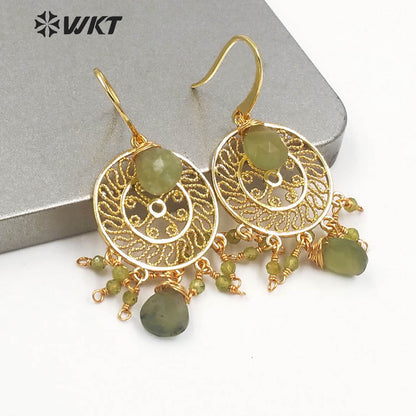 WT-E695 Bohemia Fashion Gold Gypsy Earrings with Natural Gemstone Made Dangle Earrings Handmade DIY Stone Hoop Earrings