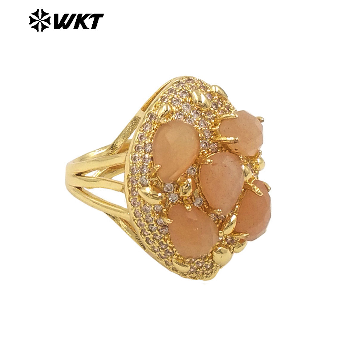 WT-R543 Wholesale Fashion Gold Plated Micropave Zircon Setting With Natural Faceted Gemstone Birthday Stone Ring for Women