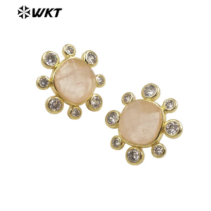 WT-ME091 Wholesale Newest Fashion square Gemstone with clear Cubic Zircon Around Setting Earrings Studs Gold Birthday Earring