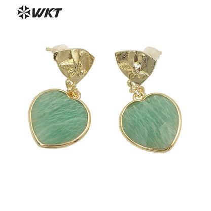 WT-E680 WKT Newest Fashion Small Lovely Heart Earrings Studs Gold Plated Natural Gemstone Women Stone Earrings