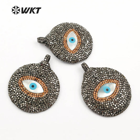 WT-NP367 WKT Wholesale New Arrival Shell Eye Pendant Charming Rhinestone Pave Jewelry Round Shape for Lady Necklace Pendant