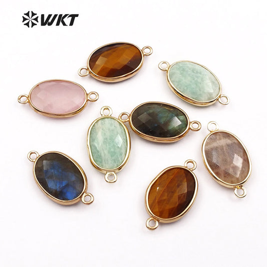 WT-C256 Women Fashion Jewelry Making Accessories Smoothly Natural Gemstone Connector Oval Shape Gold Trim Bezel Connector