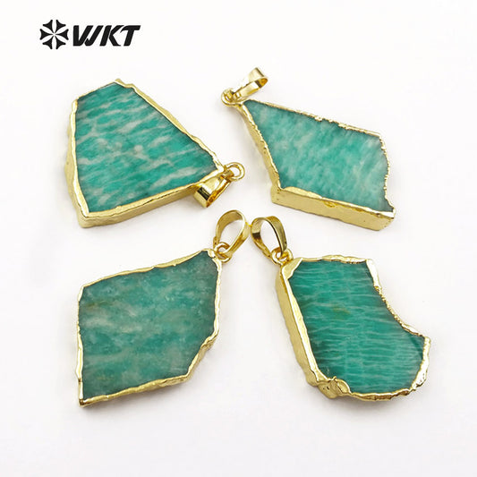 WT-P1406 Women Fashion Jewelry Natural Green Stone With Gold Bezel Pendant Irregular Shape Beautiful Amazonite Pendant