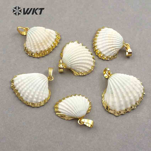 WT-JP017 Wholesale Fashion Gold Plated White Scallop Shell Pendant, Amazing Lovely Natural Scallop Shell Pendant with Gold Trim