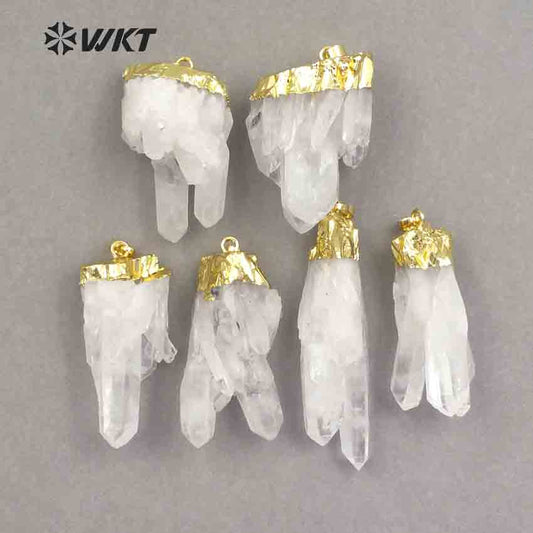 WT-P206 Natural Crystal Quartz Cluster Pendants Beautiful White Crystal Pendants Fashion Gold Top Energy Pendants
