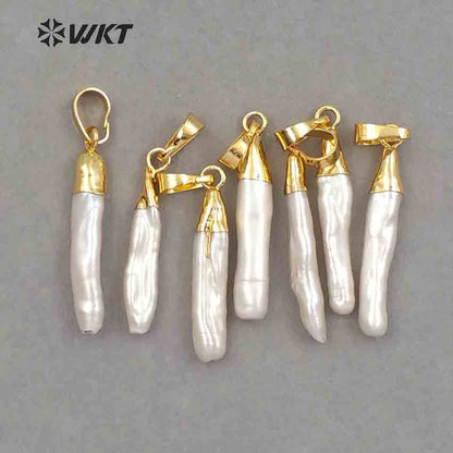 WT-P970 Wholesale Jewelry for Woman Making Charm Pearl with Gold Electroplated Stick Shape White Natural Pearl Pendant