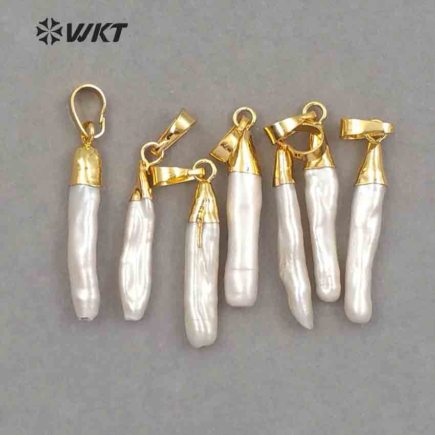 WT-P970 Wholesale Jewelry for Woman Making Charm Pearl with Gold Electroplated Stick Shape White Natural Pearl Pendant