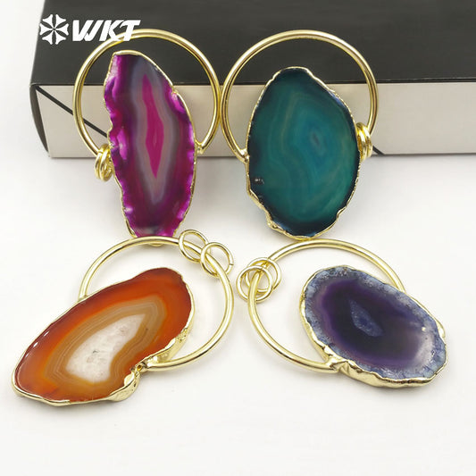 WT-P1411 Classic Design Half Metal Ring Double Loops Mutli Colors Stone in Random Shape Jewelry Natural Slice Agate Pendant