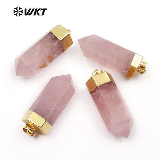 WT-P1412 Natural Pink Quartzy With Gold Capped Pendant Bohe Gift for Women Cute Pencil Point Healing Crystal and Stone Pendant