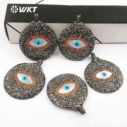 WT-NP367 WKT Wholesale New Arrival Shell Eye Pendant Charming Rhinestone Pave Jewelry Round Shape for Lady Necklace Pendant