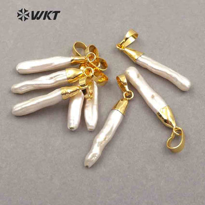 WT-P970 Wholesale Jewelry for Woman Making Charm Pearl with Gold Electroplated Stick Shape White Natural Pearl Pendant
