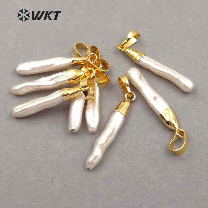 WT-P970 Wholesale Jewelry for Woman Making Charm Pearl with Gold Electroplated Stick Shape White Natural Pearl Pendant