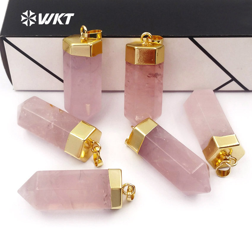 WT-P1412 Natural Pink Quartzy With Gold Capped Pendant Bohe Gift for Women Cute Pencil Point Healing Crystal and Stone Pendant