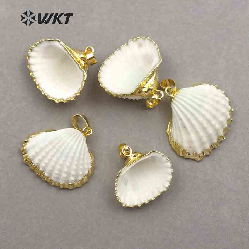 WT-JP017 Wholesale Fashion Gold Plated White Scallop Shell Pendant, Amazing Lovely Natural Scallop Shell Pendant with Gold Trim