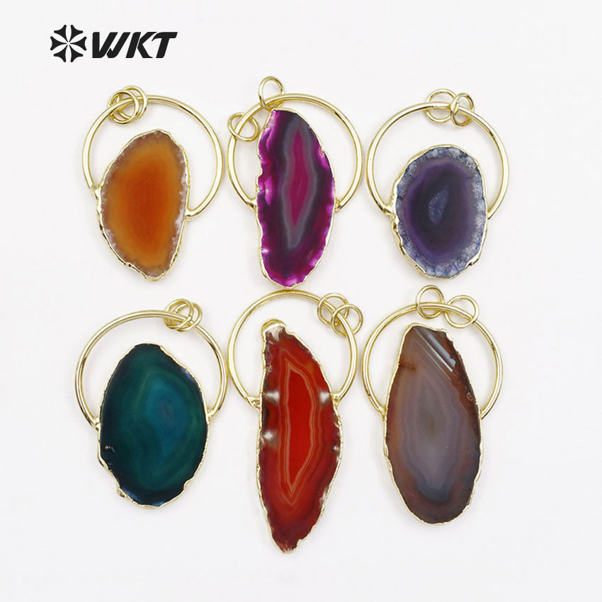 WT-P1411 Classic Design Half Metal Ring Double Loops Mutli Colors Stone in Random Shape Jewelry Natural Slice Agate Pendant