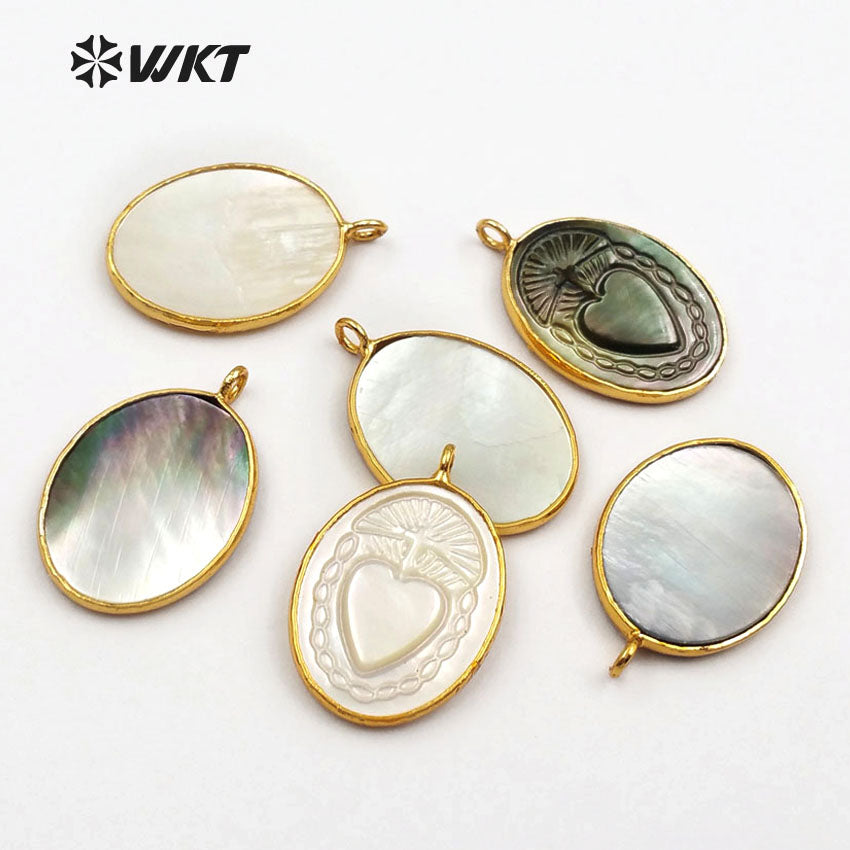 WT-JP055 Natural Shell With Mysterious Pattern Pendant for Women Necklace Making Oval Shape Gold Bezel Sea Shell Pendant