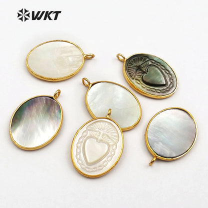 WT-JP055 Natural Shell With Mysterious Pattern Pendant for Women Necklace Making Oval Shape Gold Bezel Sea Shell Pendant
