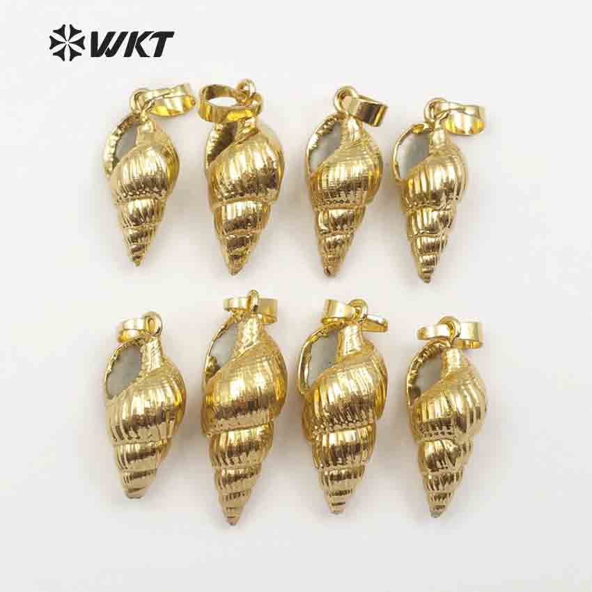 WT-JP015 Wholesale Natural Full Gold Plated Small Trumpet Shell Pendant, Fashion Lovely Natural Trumpet Shell Pendant