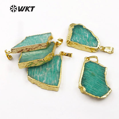 WT-P1406 Women Fashion Jewelry Natural Green Stone With Gold Bezel Pendant Irregular Shape Beautiful Amazonite Pendant