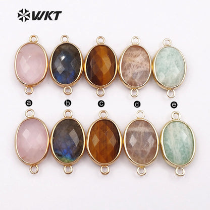 WT-C256 Women Fashion Jewelry Making Accessories Smoothly Natural Gemstone Connector Oval Shape Gold Trim Bezel Connector