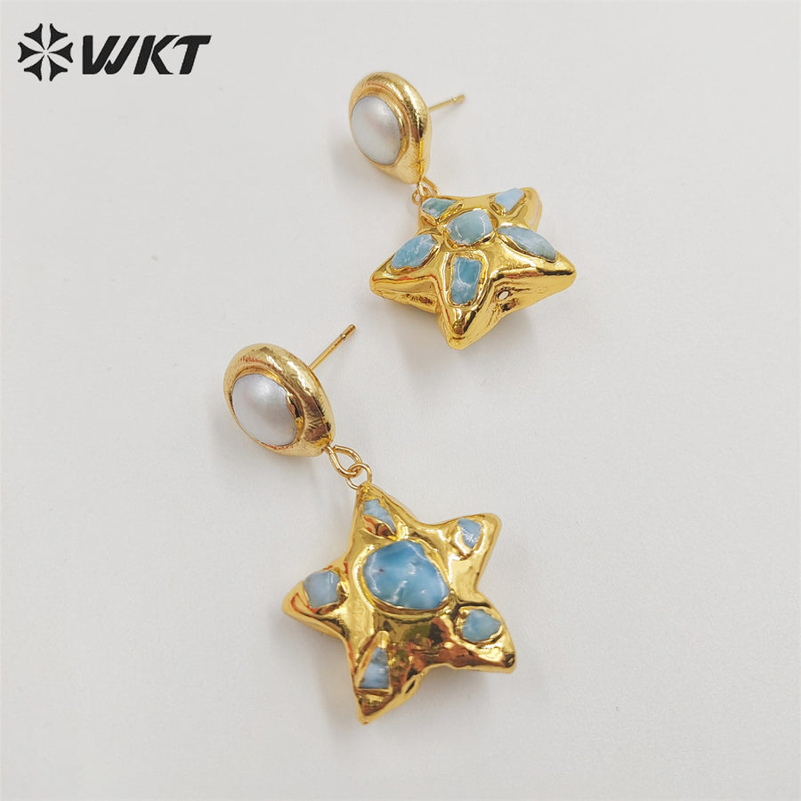 WKT-E674 Amazing Fashion Gold Plated Natural Blue Ocean jasper Stone Earrings Women Charming Dangle Star Pearl Earrings