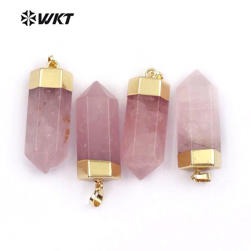 WT-P1412 Natural Pink Quartzy With Gold Capped Pendant Bohe Gift for Women Cute Pencil Point Healing Crystal and Stone Pendant