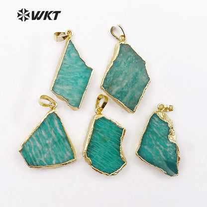 WT-P1406 Women Fashion Jewelry Natural Green Stone With Gold Bezel Pendant Irregular Shape Beautiful Amazonite Pendant
