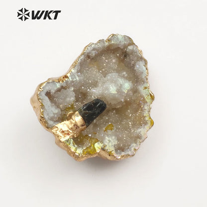 WT-P1420 Black Tourmaline Pendant Gold Trim in Random Shape Pendant for Women Vogue Jewelry Natural Geode Quartz Pendant