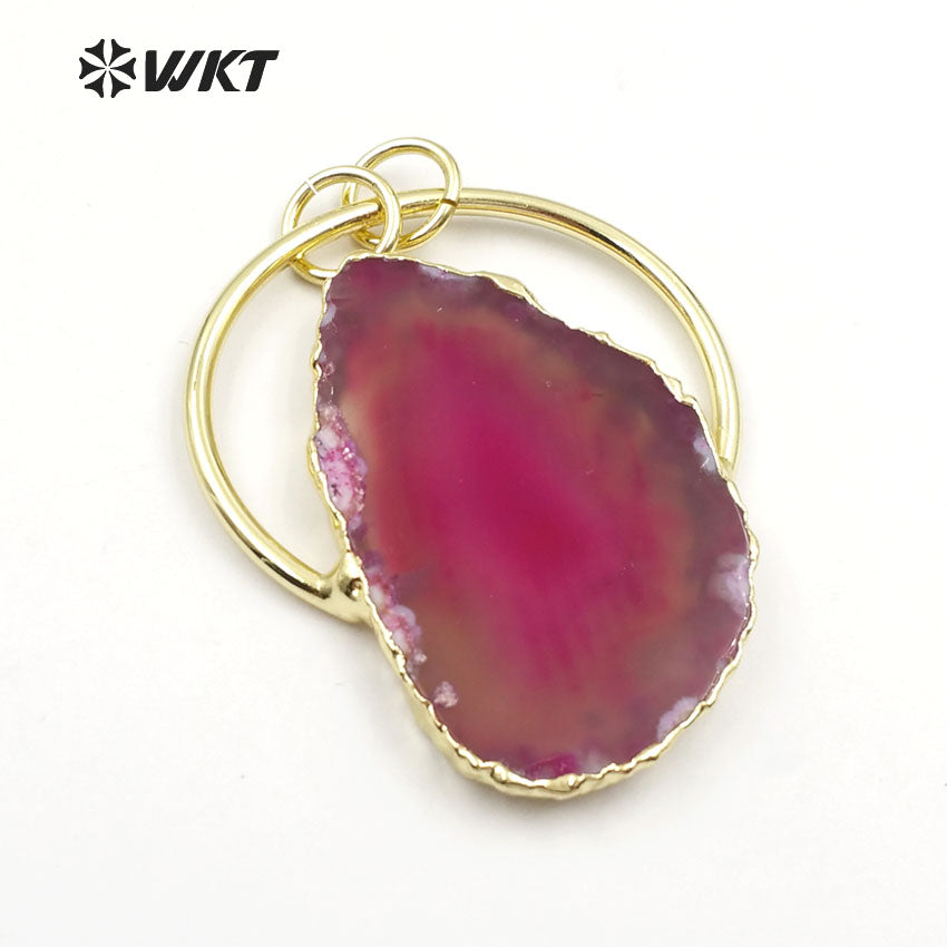 WT-P1411 Classic Design Half Metal Ring Double Loops Mutli Colors Stone in Random Shape Jewelry Natural Slice Agate Pendant