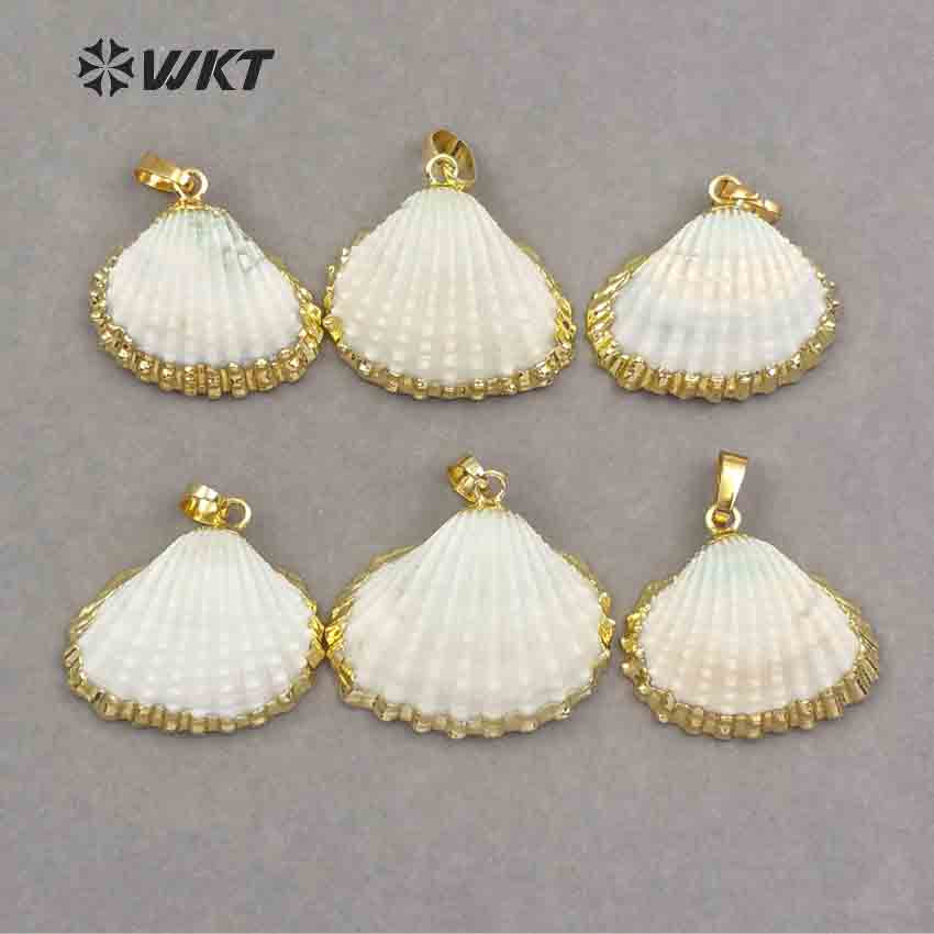 WT-JP017 Wholesale Fashion Gold Plated White Scallop Shell Pendant, Amazing Lovely Natural Scallop Shell Pendant with Gold Trim