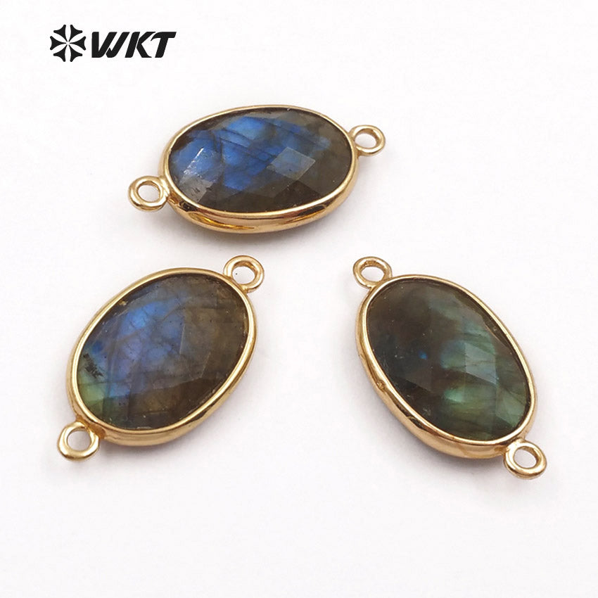 WT-C256 Women Fashion Jewelry Making Accessories Smoothly Natural Gemstone Connector Oval Shape Gold Trim Bezel Connector