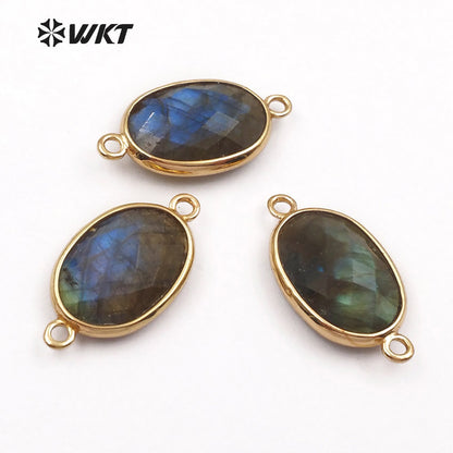 WT-C256 Women Fashion Jewelry Making Accessories Smoothly Natural Gemstone Connector Oval Shape Gold Trim Bezel Connector